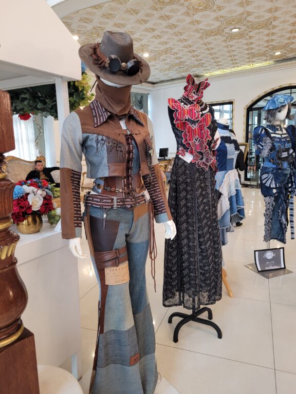 Cordilleran fashion design showing upcycled leather, denim and inabel weavings by Baguio designer Arkamdel shown in the lobby of Lafaayette Luxury Suites Baguio